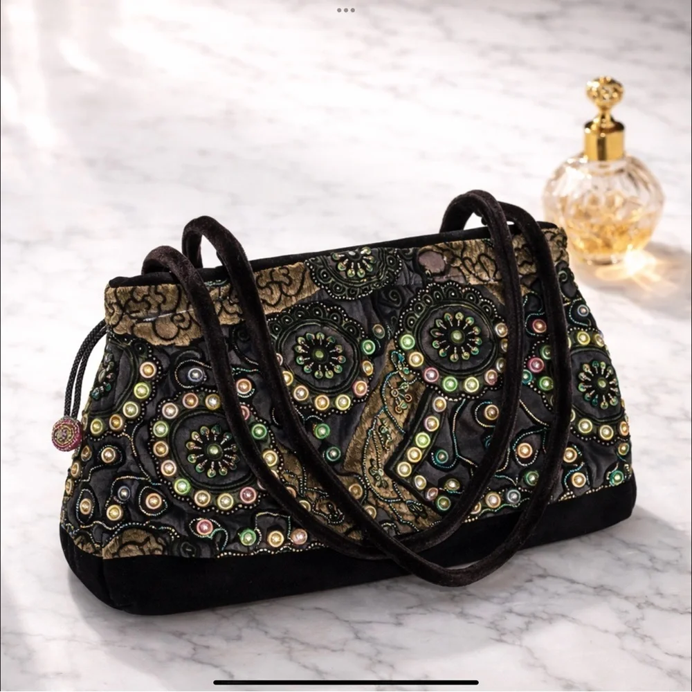 Rare Boho Vintage Beaded Velvet Evening Bag Embroidered Floral Jewel Purse